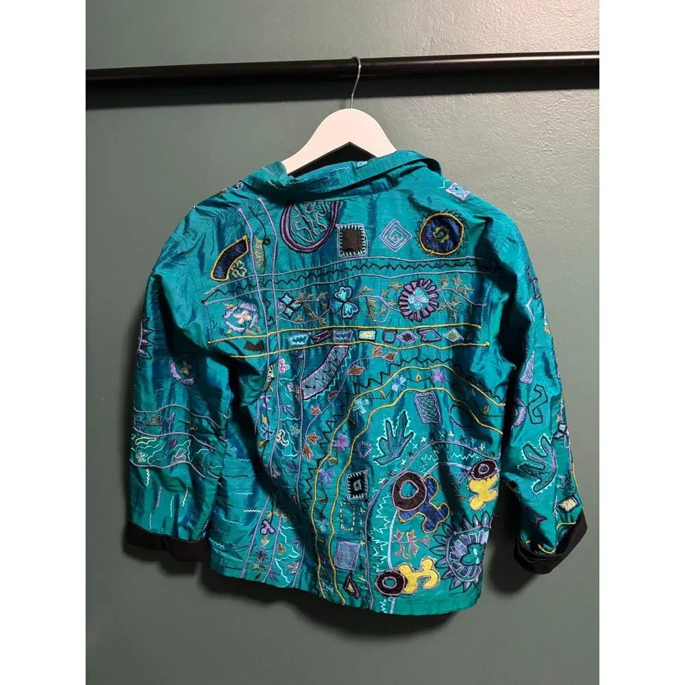 Vintage Chico's Jacket Womens Size 1 Medium Turquoise Embroidered Silk